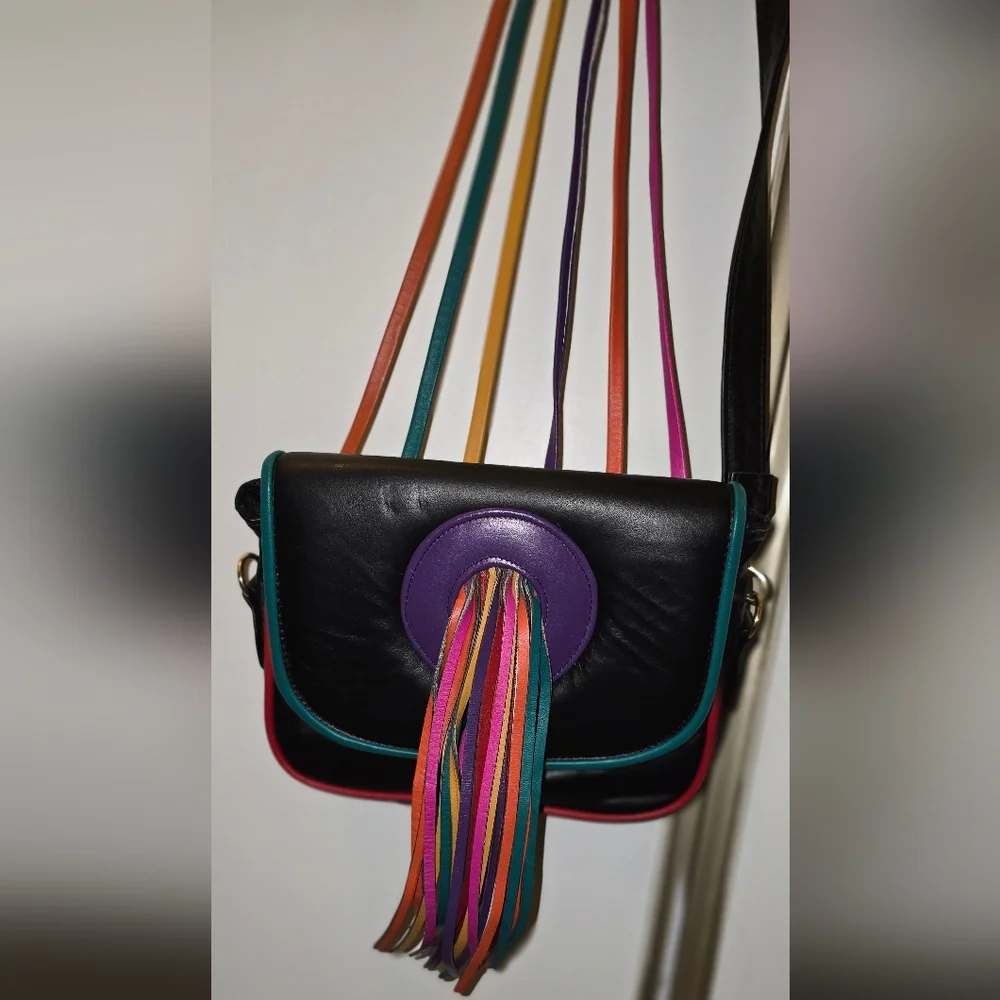 Leather Vintage Noble Crossbody Multicolor Fringe USA Festival Bag 80s Cochella - Picture 1 of 10